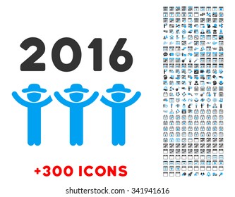 2016 Guys Dance vector pictogram with additional 300 date and time management icons. Style is bicolor flat symbols, blue and gray colors, rounded angles, white background.