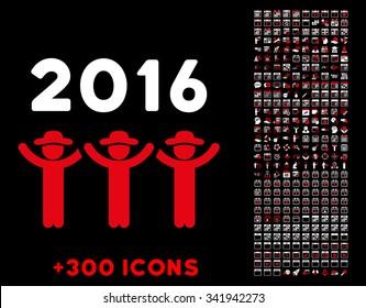 2016 Guys Dance vector pictogram with additional 300 date and time management icons. Style is bicolor flat symbols, red and white colors, rounded angles, black background.