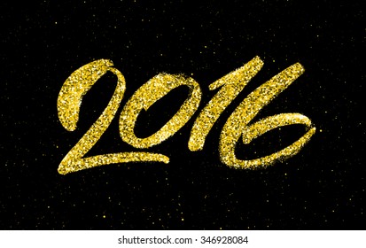 2016 hand lettering text with golden foil texture isolated on black background. Typographic greeting card design template for Happy New Year
