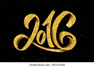 2016 hand lettering text with golden foil texture isolated on black background. Typographic greeting card design vector template for Happy New Year