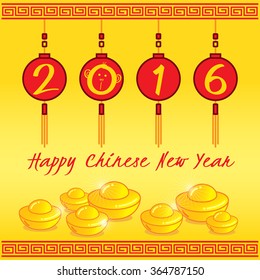 2016 Happy Chinese new year 4 red lanterns and gold tael on yellow background