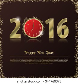 2016 Happy New Year background with gold clock. Vector illustration
