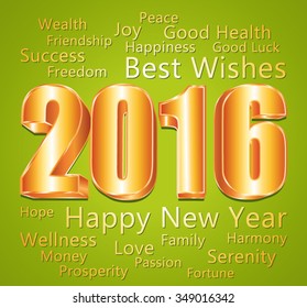 2016 Happy New Year. Best wishes. Green and gold vector greeting card.