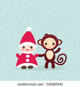 2016 Happy New Year card. Funny gnome in red hat brown monkey on blue background. Vector illustration