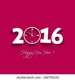 2016 Happy New Year with clock shape on red background