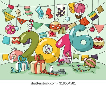 2016 Happy New Year Eve greeting card. Cartoon doodle illustration with liitle people prepare to celebration. Hand drawn vector background with garland, air balloon, tree toys, flags, decorations. 