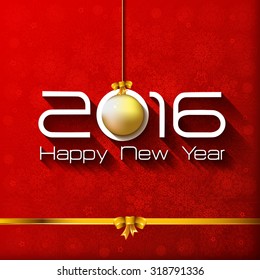 2016 Happy New Year Gift greeting card with gold Christmas ball.