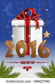 2016 - Happy New Year. Gift box against the night winter sky, fir branches and falling snow. Vector Christmas card.