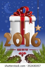 2016 - Happy New Year. Gift box against the night winter sky, fir branches with fir cones and falling snow. Vector Christmas card.