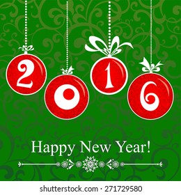 2016 Happy New Year greeting card isolated on green background. Vector Illustration