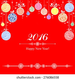 2016 Happy New Year greeting card. Christmas card. Celebration red background with Christmas balls and place for your text. Vector Illustration