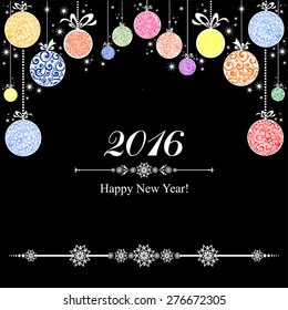 2016 Happy New Year greeting card. Christmas card. Celebration black background with Christmas balls and place for your text. Vector Illustration