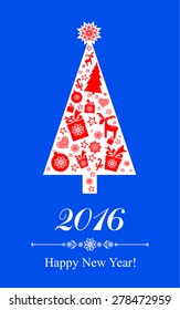 2016 Happy New Year greeting card. Celebration blue background with Christmas tree, gift boxes and place for your text. Vector Illustration