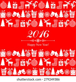 2016 Happy New Year greeting card isolated on red background. Celebration background with Christmas tree, gift boxes and place for your text. Vector Illustration
