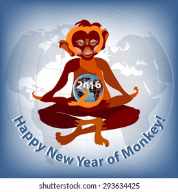 2016 Happy New Year! Greeting card with monkey and planet Earth. EPS10 vector illustration.