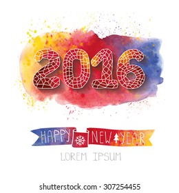 2016 Happy New year greeting card,watercolor background,invitation,banner.Red Triangles, polygons figures,long shadow,texture bright splash with drops, curly ribbon on white.Hand painting Vector.