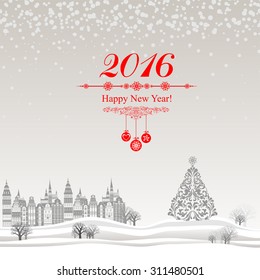 2016 Happy New Year greeting card. Celebration background with Christmas Landscape, Christmas balls and place for your text. Vector Illustration 