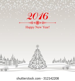2016 Happy New Year greeting card. Celebration background with Christmas Landscape, Christmas tree and place for your text. Vector Illustration 
