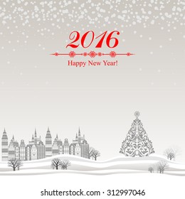 2016 Happy New Year greeting card. Celebration background with Christmas Landscape, Christmas tree and place for your text. Vector Illustration 