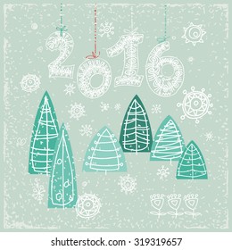 2016 Happy New Year greeting card.  Celebration background with Christmas Landscape,  Vector Illustration. Lace 2016 figures.