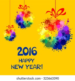 2016 Happy New Year greeting card isolated on yellow background. Vector illustration 