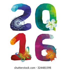 2016 Happy New year greeting card with modern Polygons number,year icons.Triangles, polygons  figures on white background,party invitation,holiday banner.Square Vector.