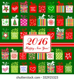 2016 Happy New Year greeting card or background. Celebration green background with Christmas gift boxes and place for your text.  Vector illustration