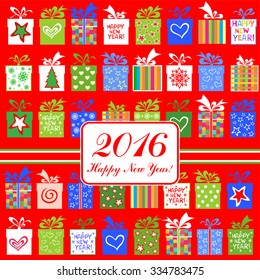 2016 Happy New Year greeting card or background. Celebration red background with Christmas gift boxes and place for your text. Vector illustration