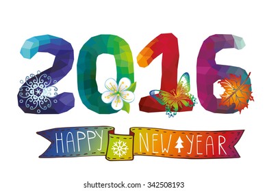 2016 Happy New year greeting card with modern Polygons number,year icons,rainbow ribbon, Triangles, polygons  figures on white background,party invitation,holiday banner.Vector.