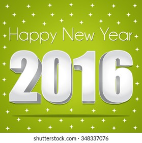 2016 Happy New Year greeting card III. Silver numbers on a green festive starry background. Vector illustration.