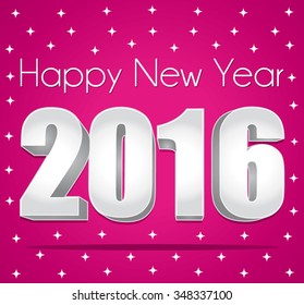 2016 Happy New Year greeting card III. Silver numbers on a red festive starry background. Vector illustration.