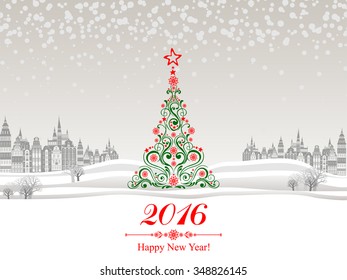 2016 Happy New Year greeting card. Celebration background with Christmas Landscape, Christmas tree and place for your text. Vector Illustration