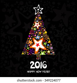 2016 Happy New Year greeting card. Celebration black background with Christmas tree and place for your text. Christmas tree. Vector Illustration 
