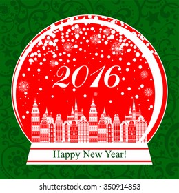 2016 Happy New Year greeting card. Snow globe with a town. Vector illustration 