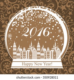 2016 Happy New Year greeting card. Snow globe with a town. Vector illustration 