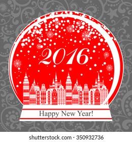 2016 Happy New Year greeting card. Snow globe with a town. Vector illustration 