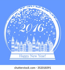 2016 Happy New Year greeting card. Snow globe with a town. Vector illustration 