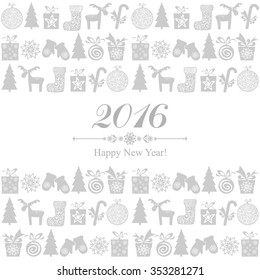 2016 Happy New Year greeting card isolated on white background. Celebration background with Christmas tree, gift boxes and place for your text. Vector Illustration