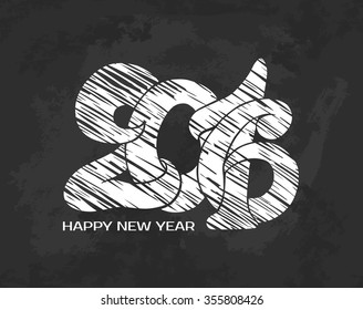 2016 Happy New year hand lettering in chalk doodle style on black grunge background. Vector illustration