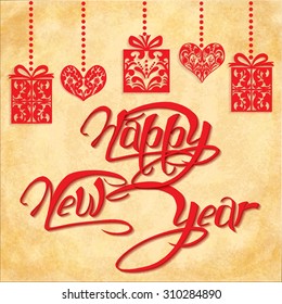2016 Happy New Year hand-lettering on knitted red background. Vector Christmas Calligraphic Inscription. Calligraphic festive label for your design