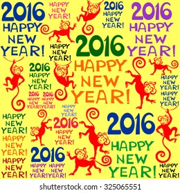 2016 Happy New Year! Seamless pattern background with monkeys. Symbol of 2016 year. Vector Illustration