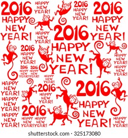 2016 Happy New Year! Seamless pattern background with monkeys. Symbol of 2016 year. Vector Illustration
