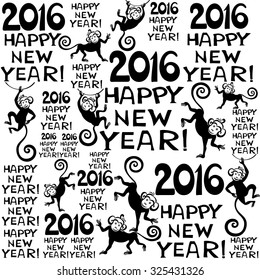 2016 Happy New Year! Seamless black and white pattern. Background with monkeys. Symbol of 2016 year. Vector Illustration