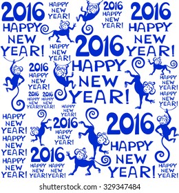 2016 Happy New Year! Seamless blue and white pattern. Background with monkeys. Symbol of 2016 year. Vector Illustration