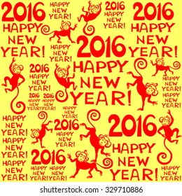 2016 Happy New Year! Seamless red and yellow pattern. Background with monkeys. Symbol of 2016 year. Vector Illustration