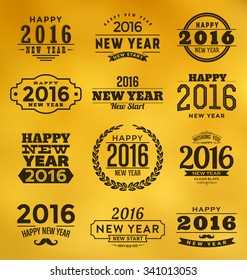 2016 - Happy New Year - Typographic Design Set - Trendy Vintage Style Elements on Yellow Background