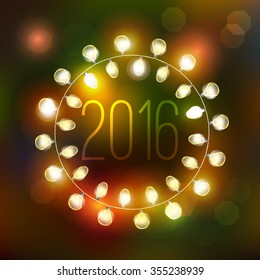 2016 Happy new year Vector Holiday Illustration of Luminous Electric Garland on the christmas fir background.