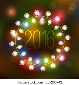 2016 Happy new year Vector Holiday Illustration of Luminous Electric Garland on the christmas fir background.
