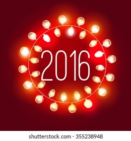 2016 Happy new year Vector Holiday Illustration of Luminous Electric Garland on the red background.