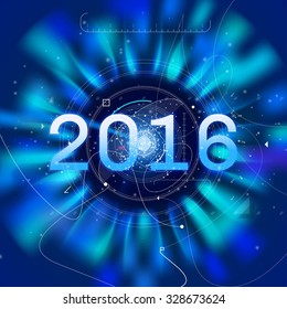 2016 high tech radar vector illustration. Technology or scientific predictions background for new year. Dark blue vector interface. 